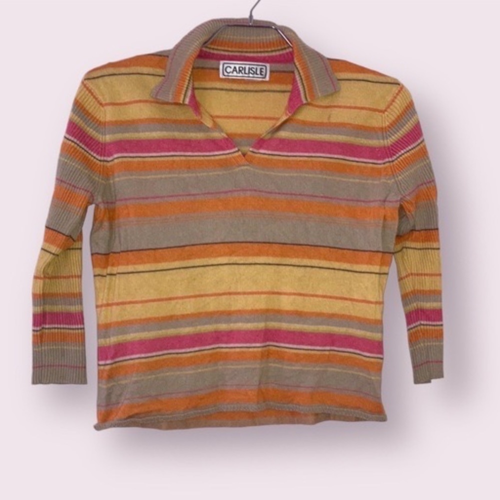 Vintage Carlisle Sweater Top Striped V Neck Collared Ribbed Medium
